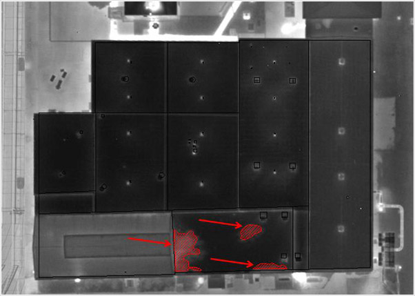 Examples of photographs, thermographs and CAD drawings of entrained roof moisture in prison roofs
