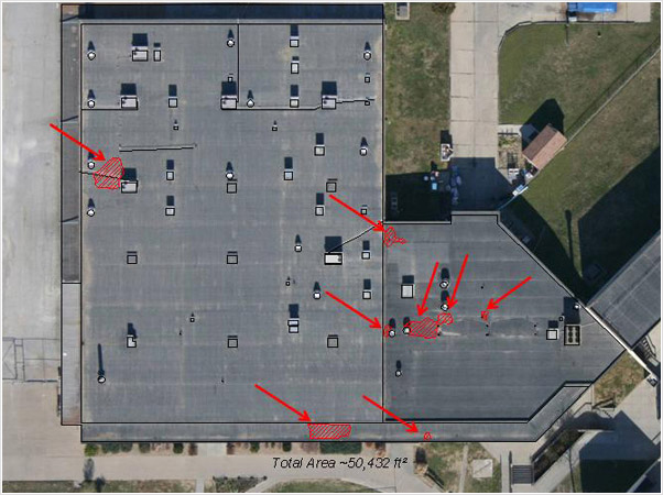 Examples of photographs, thermographs and CAD drawings of entrained roof moisture in prison roofs