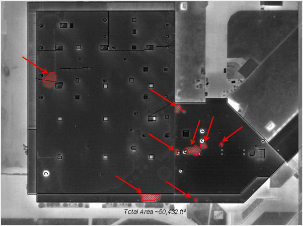Examples of photographs, thermographs and CAD drawings of entrained roof moisture in prison roofs