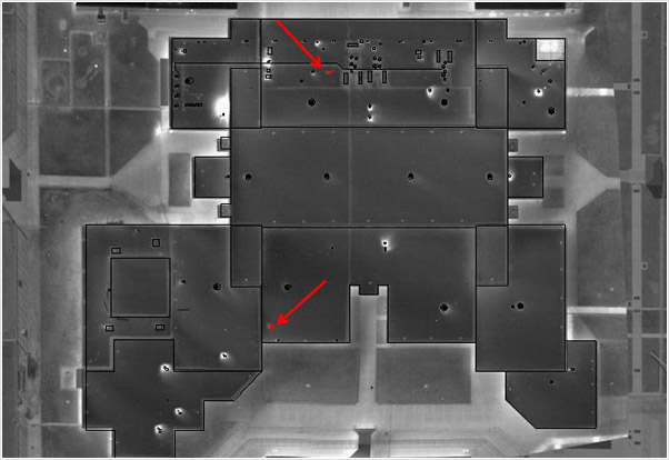 Examples of photographs, thermographs and CAD drawings of entrained roof moisture in prison roofs
