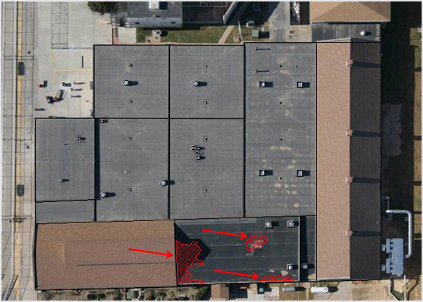 Examples of photographs, thermographs and CAD drawings of entrained roof moisture in prison roofs